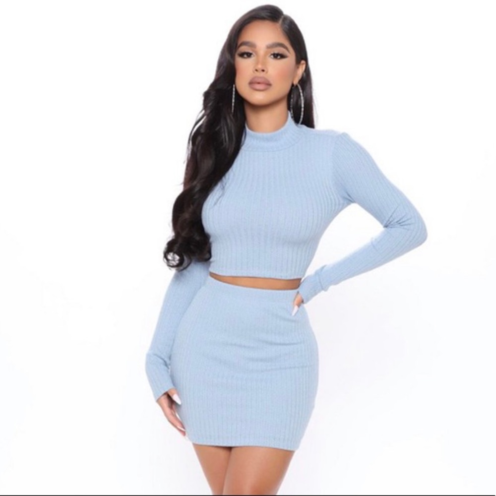Fashion Nova - Lorraine Ribbed Mini Skirt Set - Light Blue